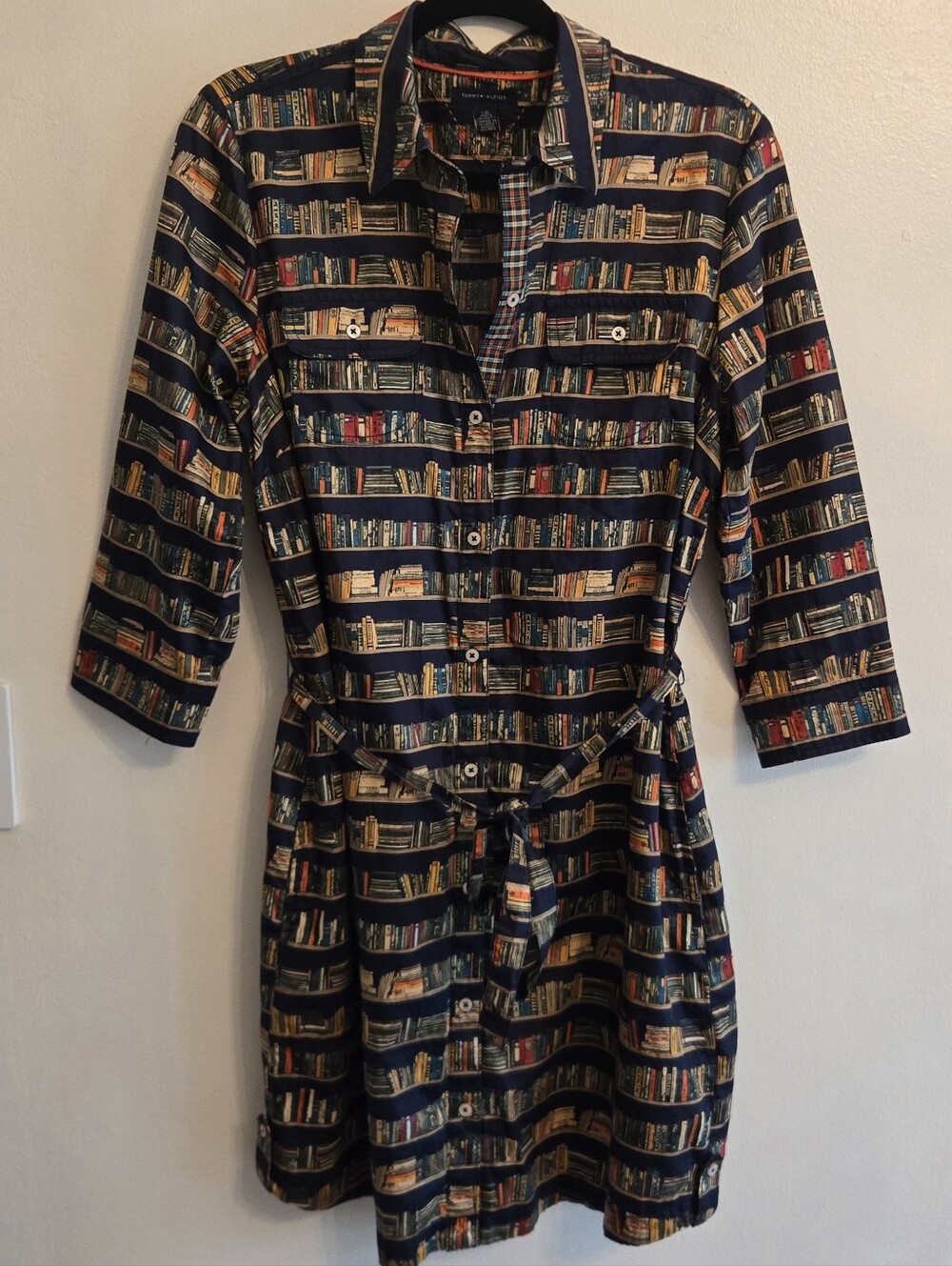 Rare Vintage Tommy Hilfiger Library Bookshelf Print Shirt Dress - Size L